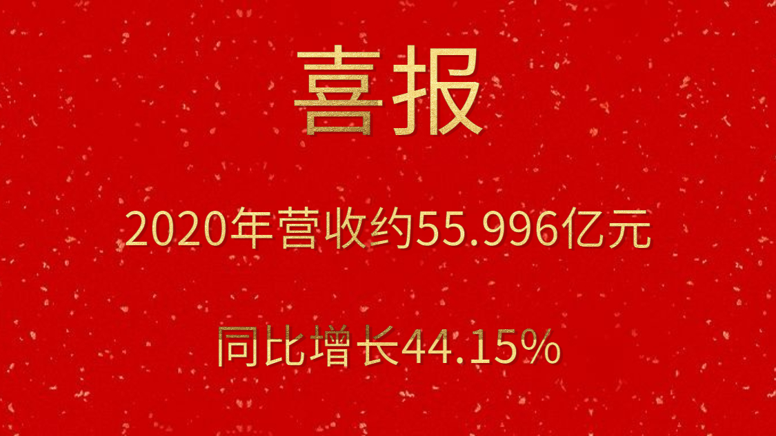 喜报！2020年营收约55.996亿元，，，同比增添44.15%